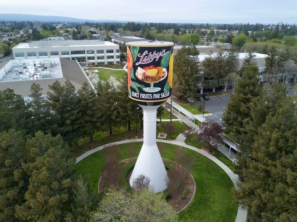 Aerial view of the historic Libby Water Tower with classic Libby's logo